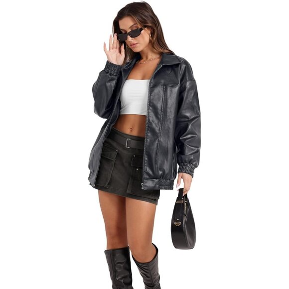 Women Faux Leather Jacket Oversized Gray Bomber Coat Fall Winter Outfits - Picture 2 of 3